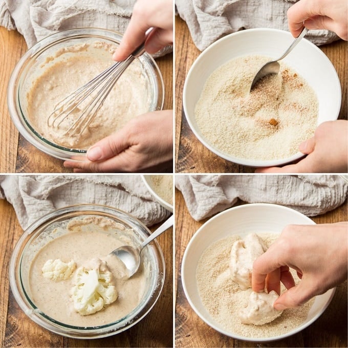 Collage Showing Process for Breading Cauliflower: Mix Batter, Mix Breading, Dip Cauliflower in Batter, Then Dip Cauliflower in Breading