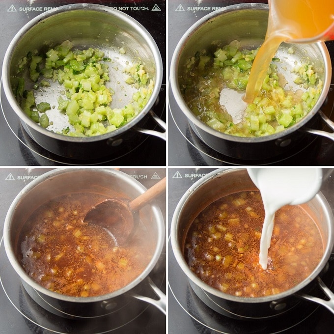 Collage Showing Steps for Making Manchurian Gravy: Sauté Veggies and Aromatics, Add Broth and Seasonings, Simmer, and Add Water and Cornstarch