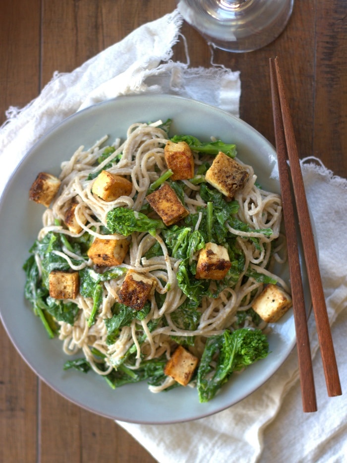 Soba Noodles with Tahini Sauce, Broccoli Rabe and Ginger Black Pepper Tofu