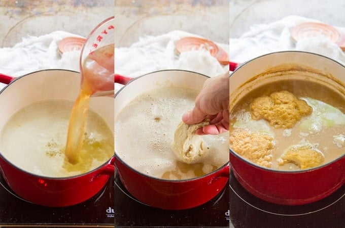 Collage Showing Steps for Cooking Homemade Seitan: Prepare Broth, Add Seitan to Broth, and Simmer Seitan in Broth for 1 Hour