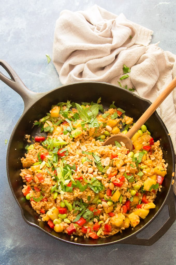 Skillet Filled with Pineapple Fried Rice wit