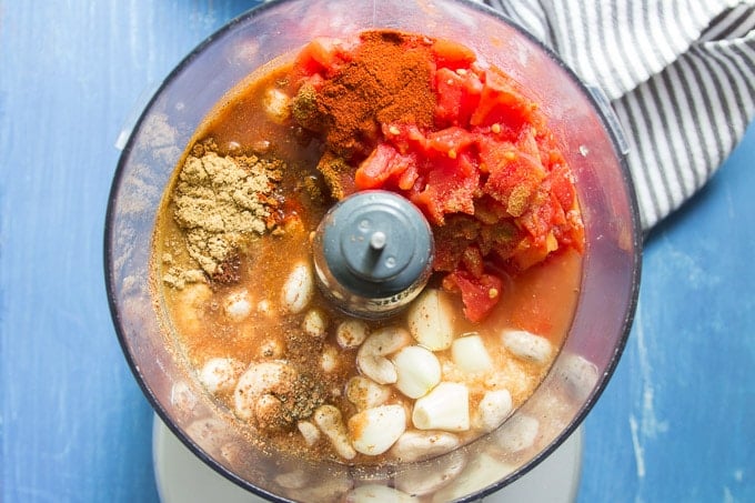 Ingredients for Vegan Tikka Masala Sauce in a Food Processor Bowl