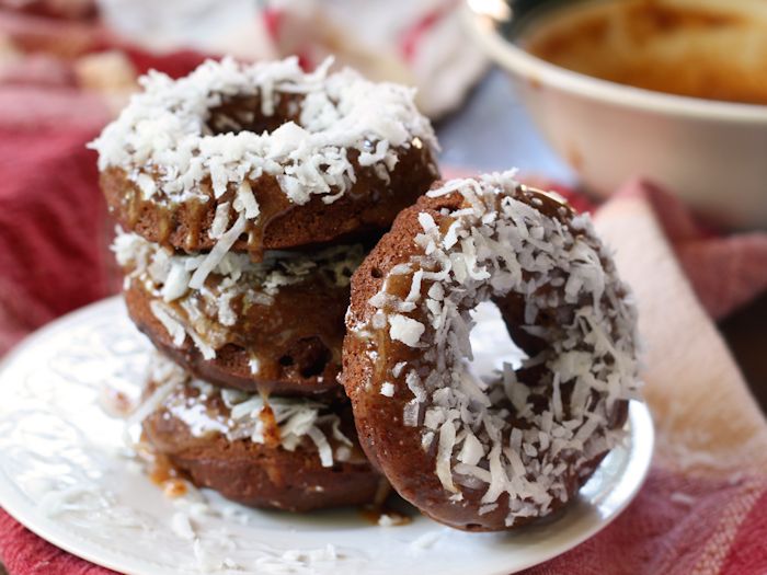 Coconut Almond Butter Frosted Vegan Chocolate Doughnuts