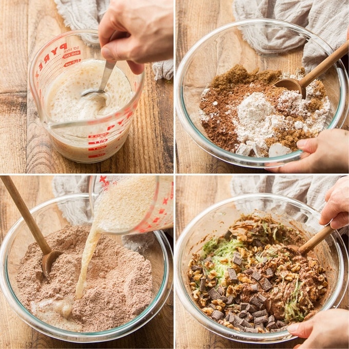 Collage Showing Steps for Mixing Vegan Chocolate Zucchini Muffin Batter: Mix Wet Ingredients, Mix Dry Ingredients, Mix Wet and Dry Ingredients, and Fold in Zucchini, Chocolate Chips and Nuts
