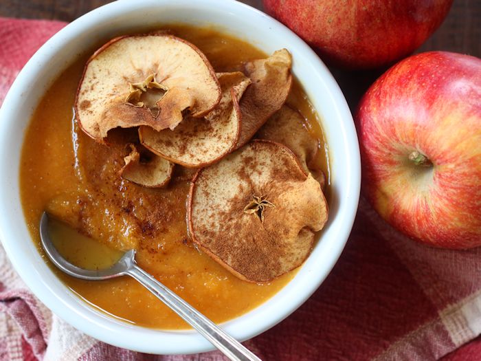 Chai-Spiced Apple Sweet Potato Soup with Apple Chips