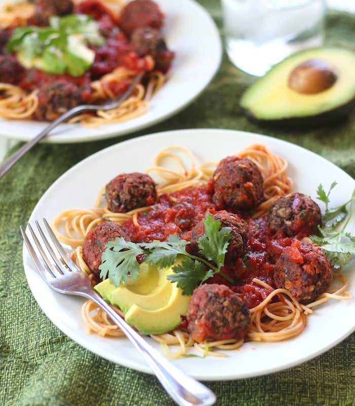 Two Bowls of Spaghetti with Tomato Sauce and Black Bean Meatballs