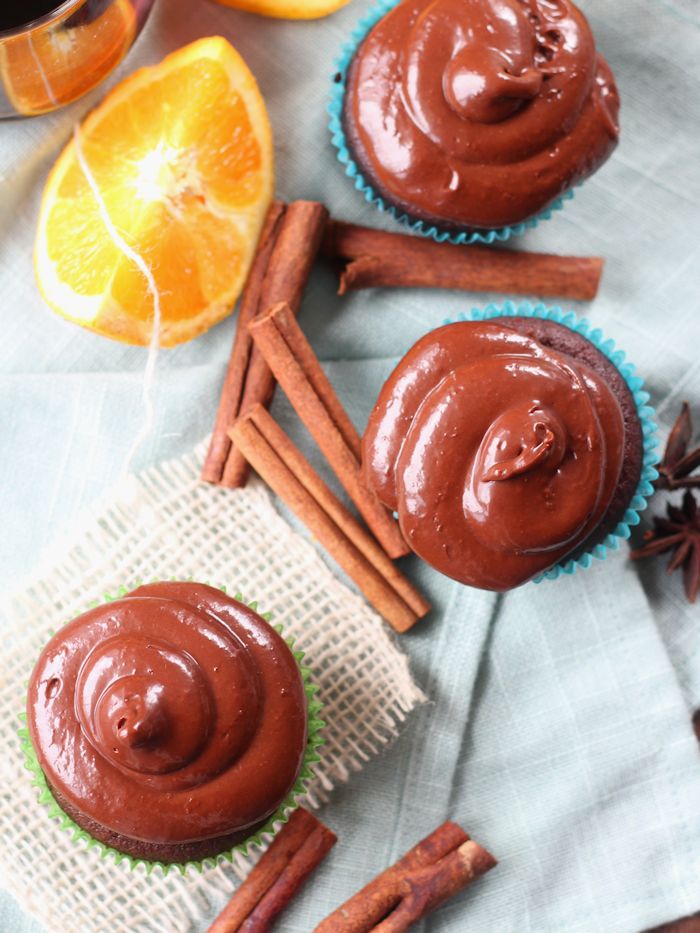 Mulled Red Wine Chocolate Cupcakes with Orange Chocolate Ganache Frosting
