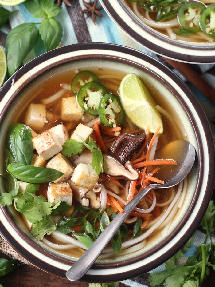 Close Up of a Bowl of Vegan Pho with Spoon
