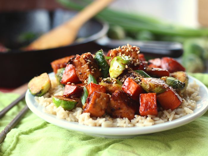 Sweet Potato & Brussels Sprout Stir-Fry with Smoky Black Pepper Tempeh