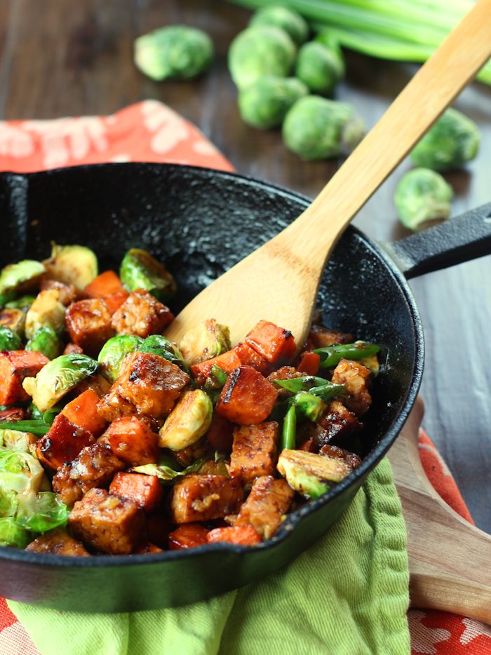 Sweet Potato & Brussels Sprout Stir-Fry with Smoky Black Pepper Tempeh