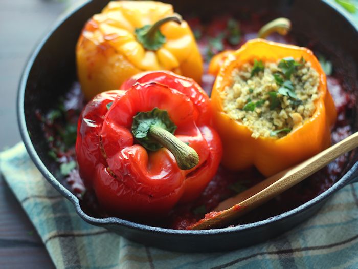 Millet Falafel Stuffed Peppers in Spicy Tomato Sauce