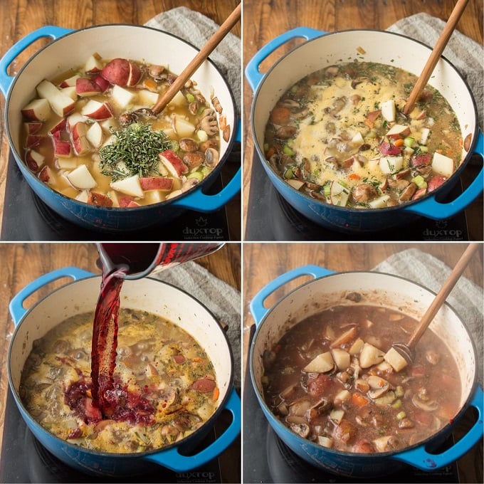 Collage Showing Four Steps of Cooking Vegan Beef Stew: Add Broth, Potatoes and Herbs, Simmer, Add Wine, Tomato Paste and Marmite, and Simmer Again