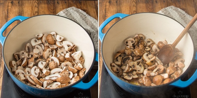 Side By Side Images Showing Two Stages of Cooking Mushrooms for Portobello Vegan Beef Stew