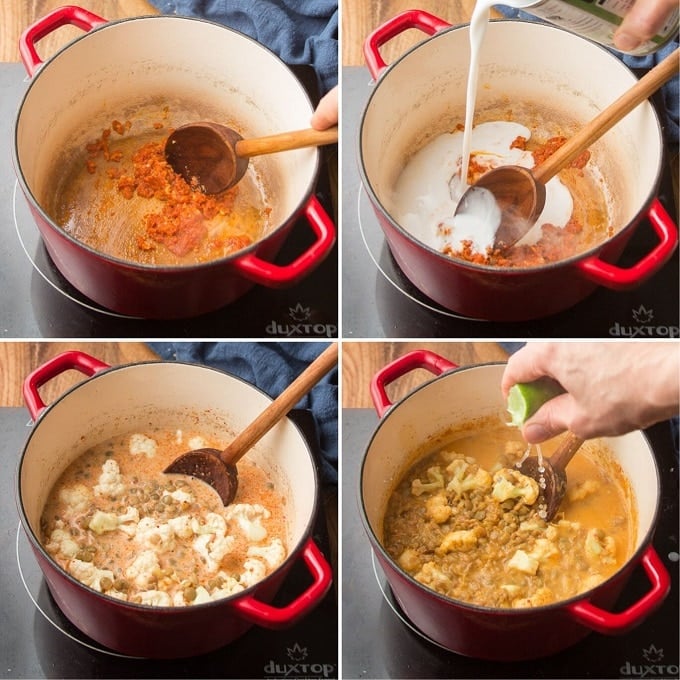 Collage Showing Steps for Making Lentil Curry with Cauliflower: Saute Curry Paste Add Coconut Milk, Simmer with Lentils and Cauliflower, and Season with Lime Juice