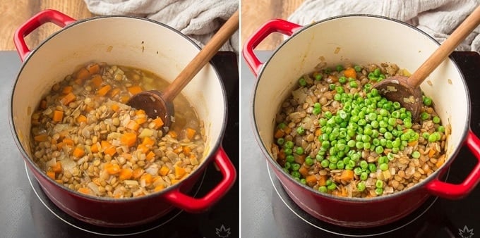 Two Images Showing Final Steps for Making Vegan Shepherd's Pie Filling: Simmer and Stir in Peas and Seasonings