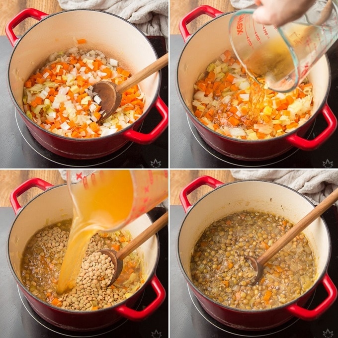 Collage Showing First Four Steps for Making Vegan Shepherd's Pie: Sweat Onions and Carrots, Add Whiskey, Add Broth, and Add Lentils