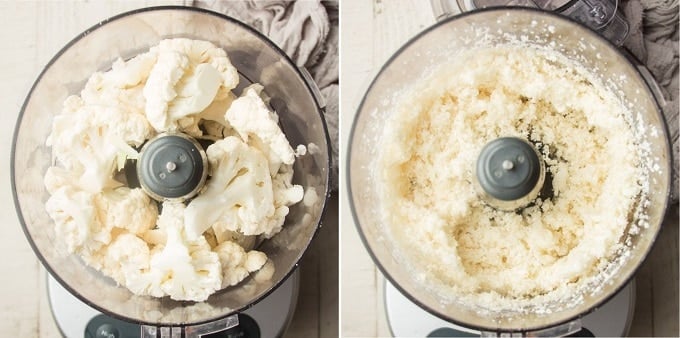 Side by Side Images of Food Processor Bowl Containing Cauliflower Before and After Ricing