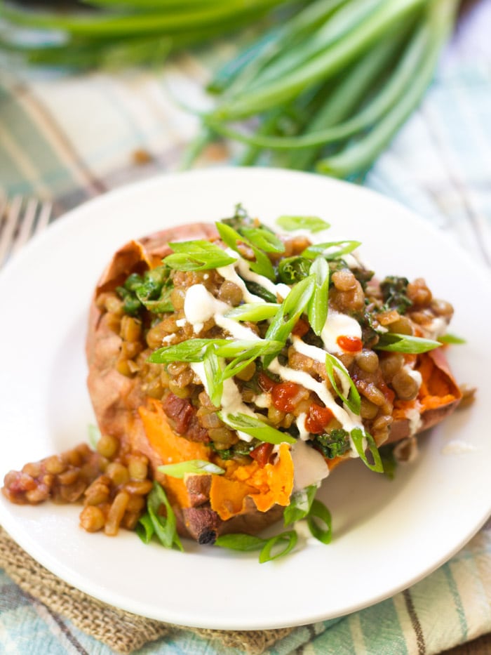 Chipotle Lentil Sweet Potato on a Plate with Cashew Cream and Scallions on Top