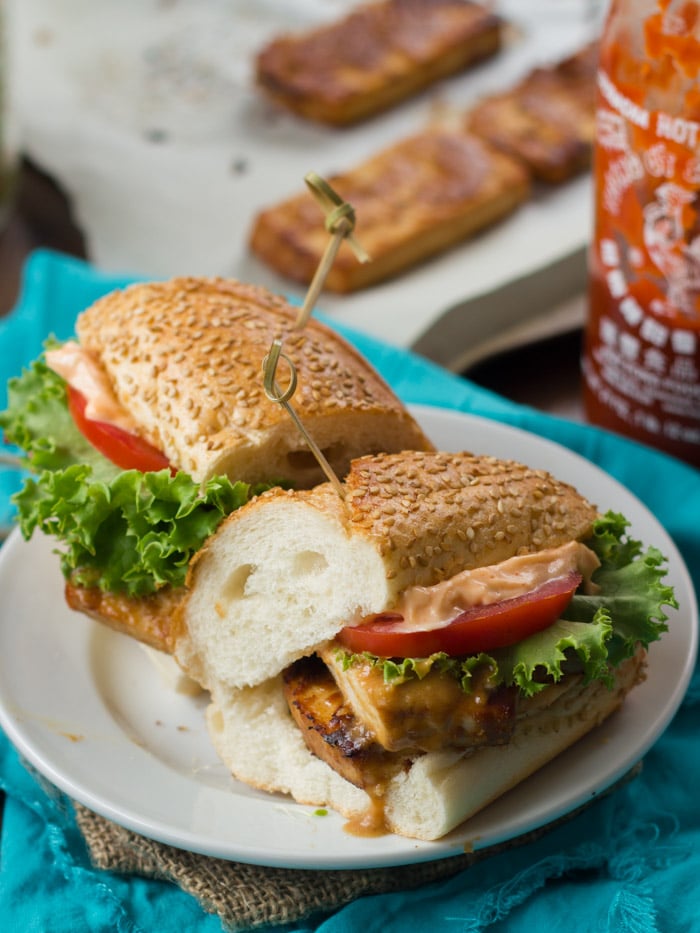 Baked Peanut Tofu Sandwiches with Sriracha Mayo