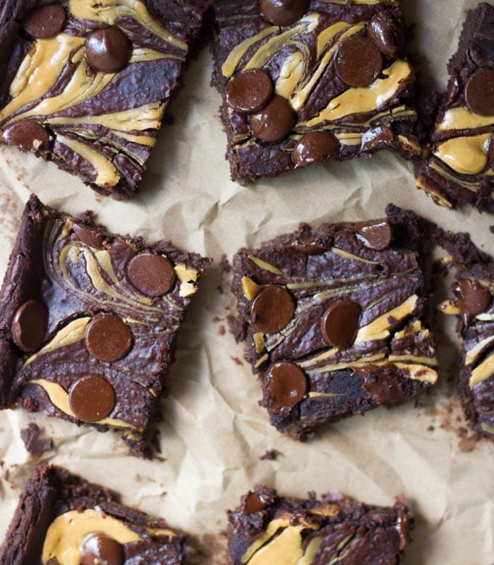 Overhead View of Black Bean Peanut Butter Brownies on a Sheet of Parchment Paper