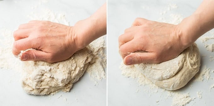 Collage Showing Two Stages of Kneading Vegan Naan Dough