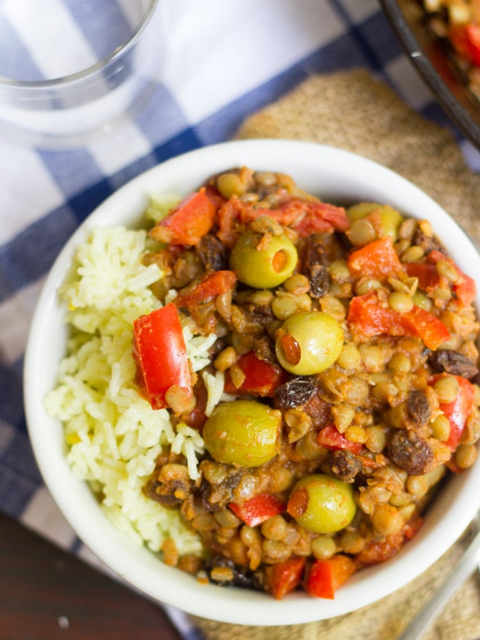 Overhead View of Vegan Picadillo and Rice in a Bowl