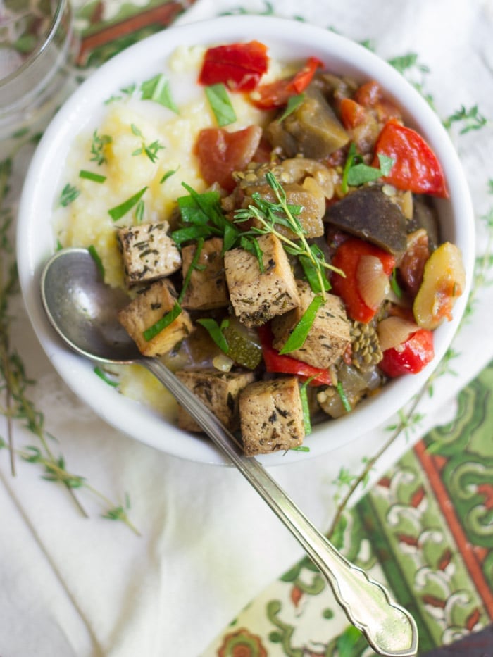 Overhead View of a Vegan Ratatouille Bowl with Spoon