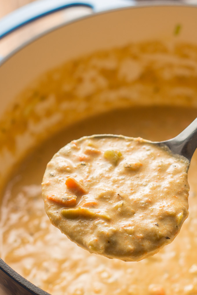 Close Up of Vegan Beer Cheese Soup in a Ladle