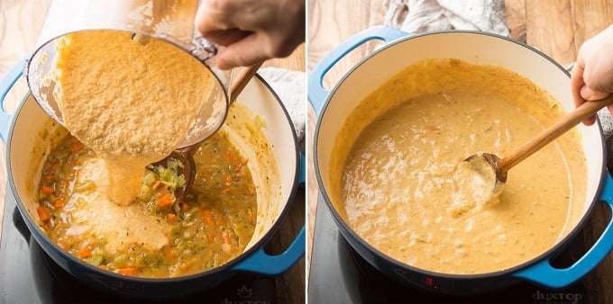 Collage Showing Steps 9 and 10 of How to Make Vegan Beer Cheese Soup: Add Cashew Mixture and Simmer