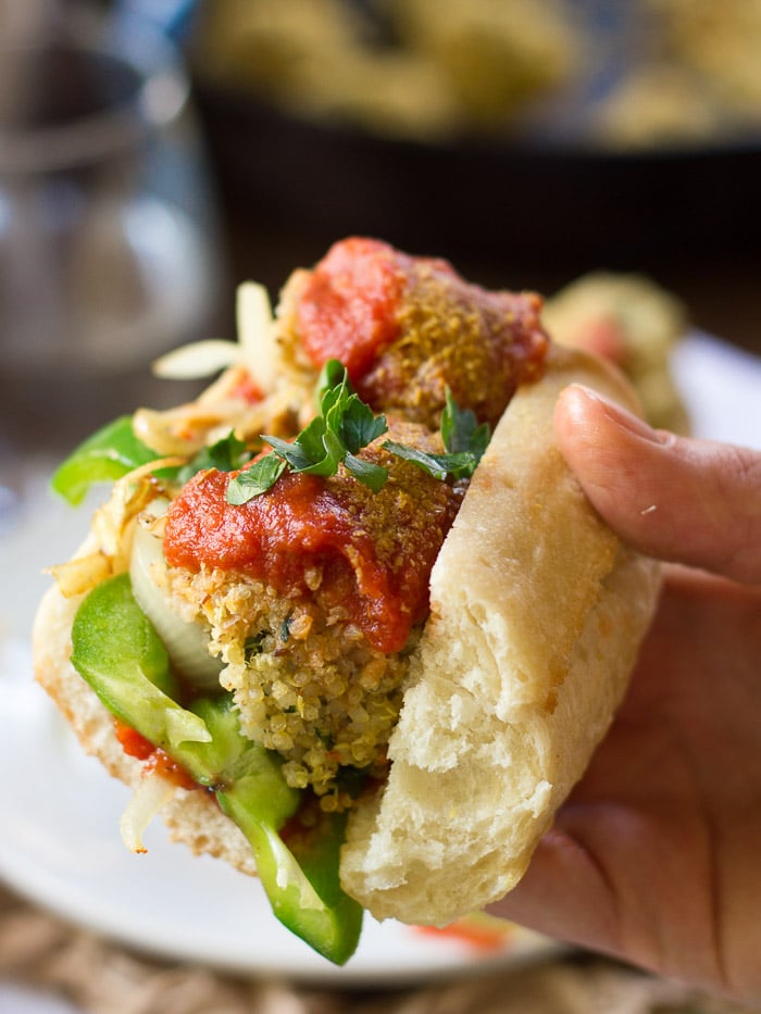 Quinoa Meatball Sub with Grilled Peppers + Onions