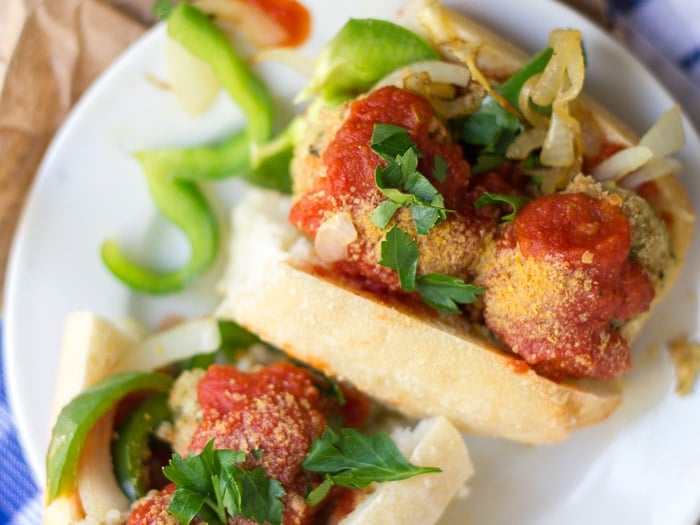 Quinoa Meatball Sub with Grilled Peppers + Onions