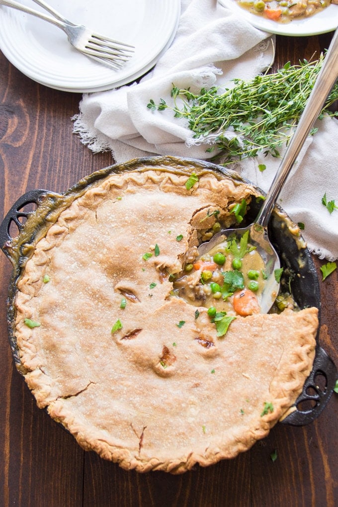 Vegan Pot Pie in a Cast Iron Pie Plate with Serving Spoon