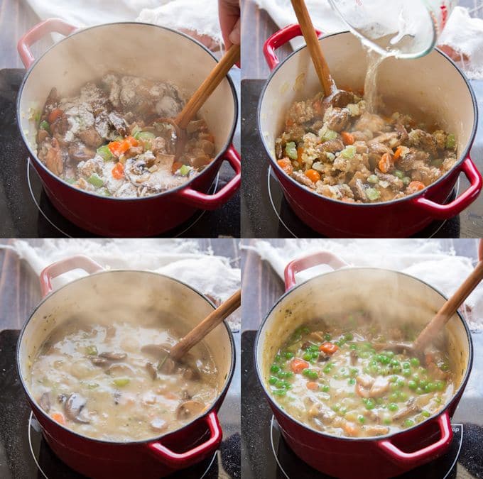 Collage Showing Steps 5-8 for Making Vegan Pot Pie Filling: Add Flour, Add Wine, Simmer with Broth and Seasonings, and Stir in Peas