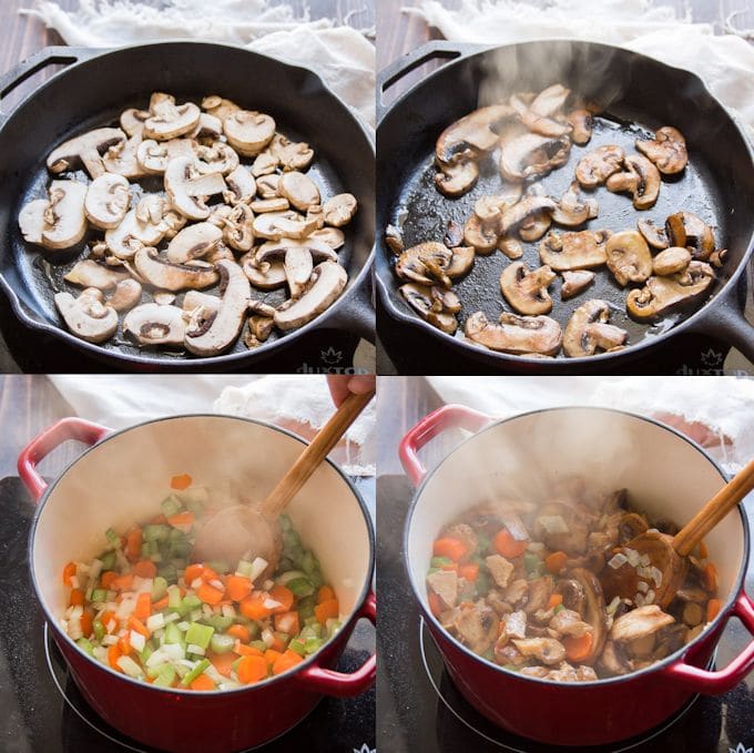 Collage Showing Steps 1-4 for Making Vegan Pot Pie Filling: Sauté Mushrooms on Both Sides, Sweat Veggies, and Add Mushrooms and Seitan