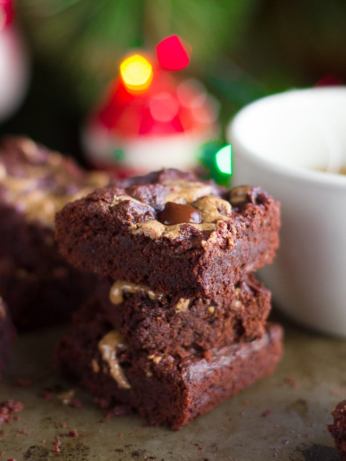 lmond Butter Swirl Peppermint Brownies with Coffee Cup and Christmas Lights in the Background