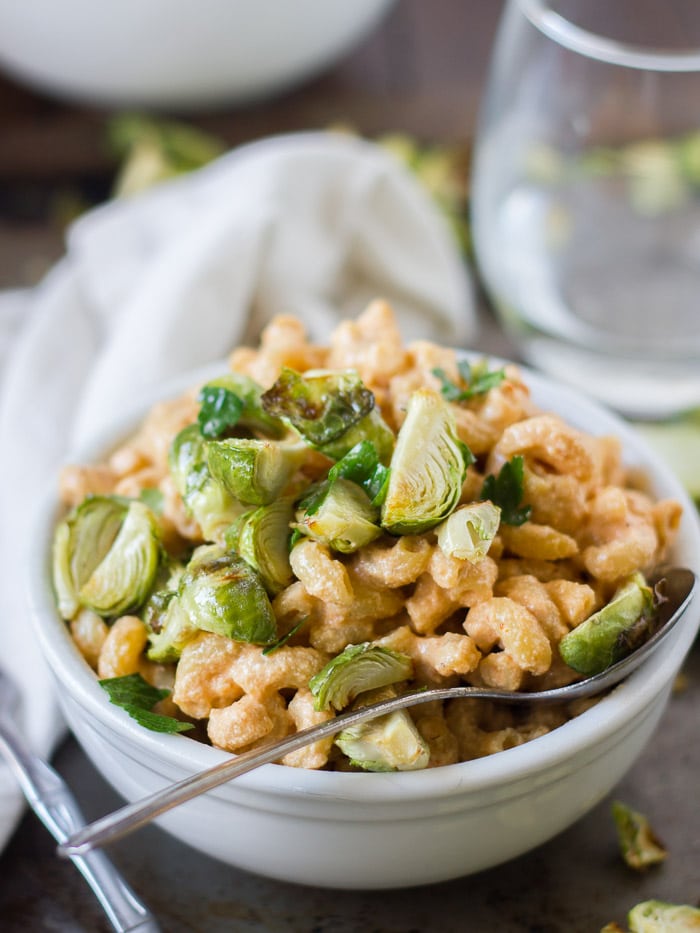 Vegan Chipotle Mac and Cheese with Roasted Brussels Sprouts