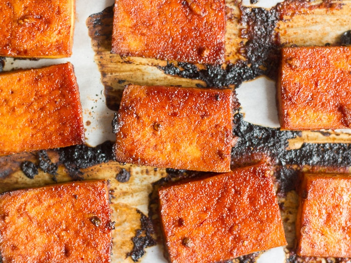 Chipotle Baked Tofu on a Parchment Paper-Lined Baking Sheet