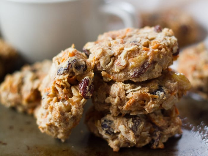 Close Up of a Stack of 3 Morning Glory Breakfast Cookies with a 4th Cookie Leaning Against It