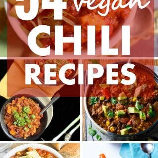 Collage of Photos of Vegan Chili with Text Overlay Reading "54 Vegan Chili Recipes: