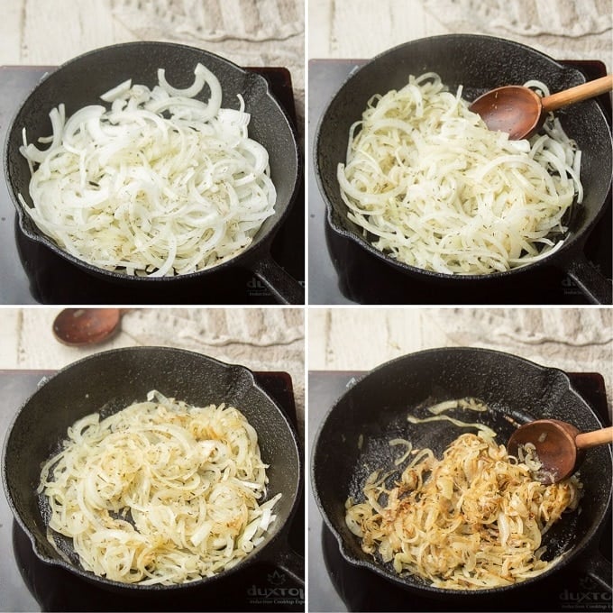 Collage Showing 4 Stages of Caramelizing an Onion