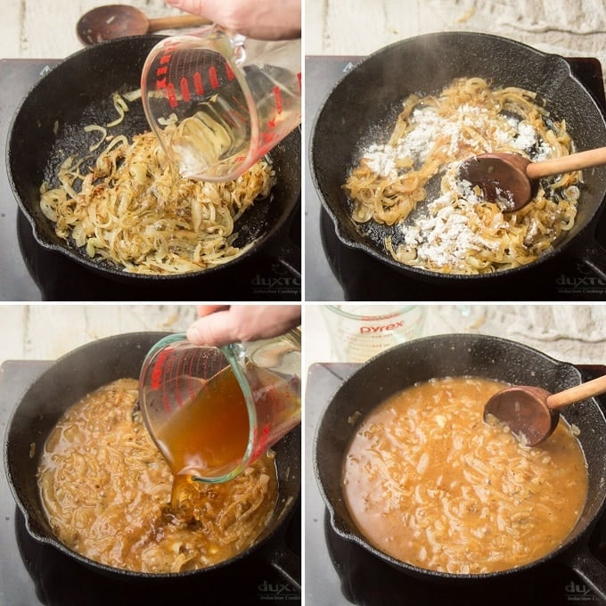 Collage Showing 4 Steps for Making Caramelized Onion Gravy: Add Wine to Onions, Add Flour, Add Broth, and Simmer
