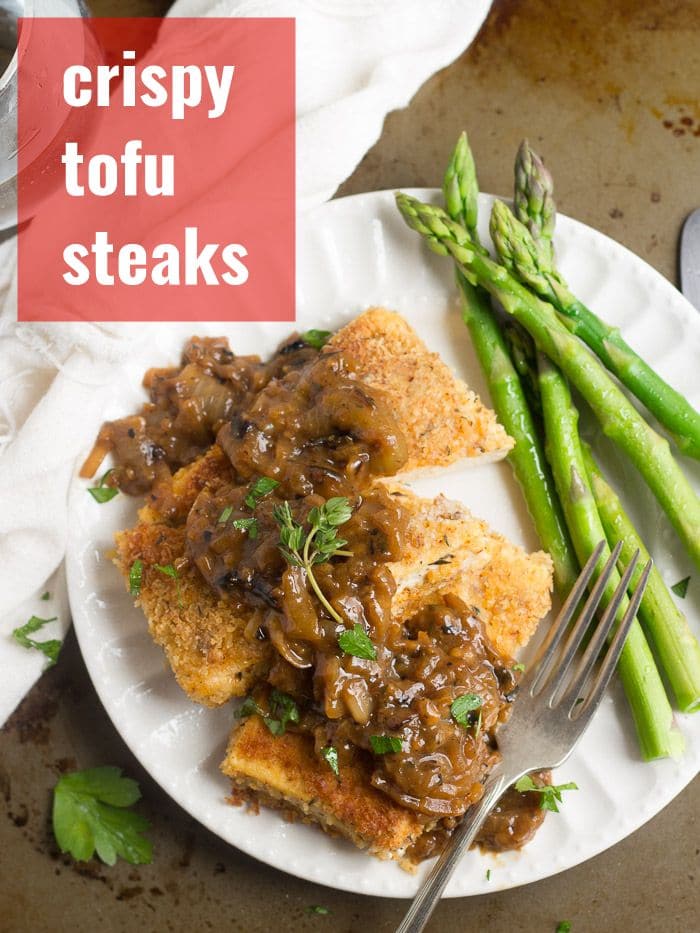 Crispy tofu steaks with caramelized onion gravy