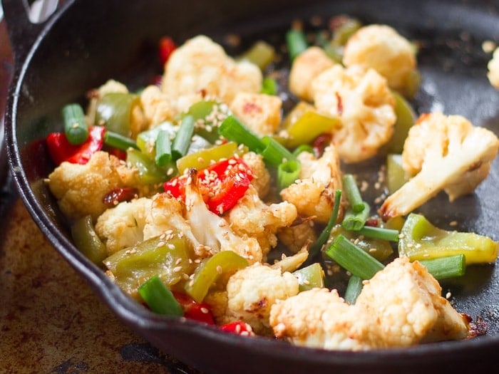 Close Up of Hunan Cauliflower in a Cast Iron Skillet