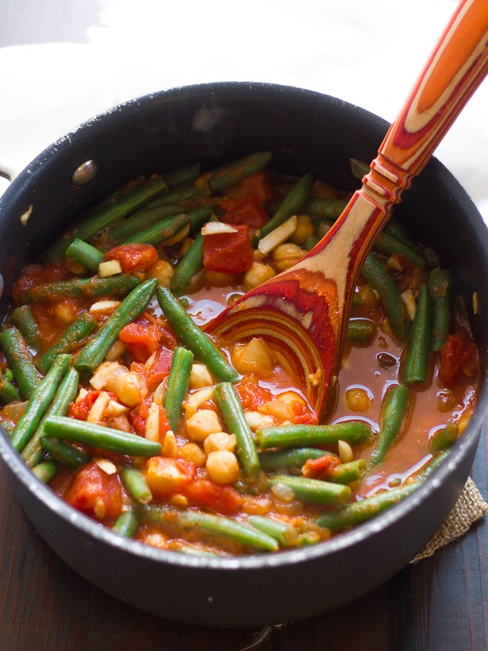 Pot of Lebanese Green Bean Stew with Wooden Spoon