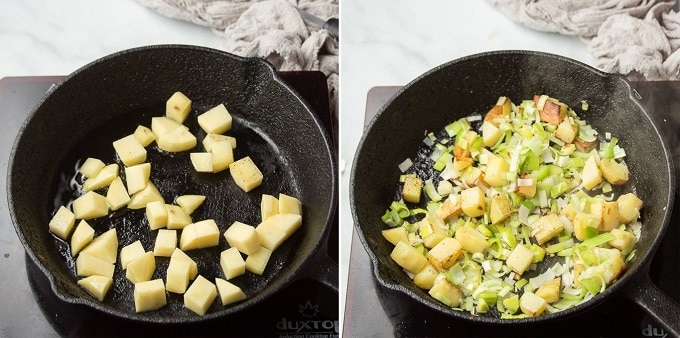 Side By Side Images Showing Potatoes, and Leeks Cooking in a Skillet For a Vegan Potato Leek Quiche