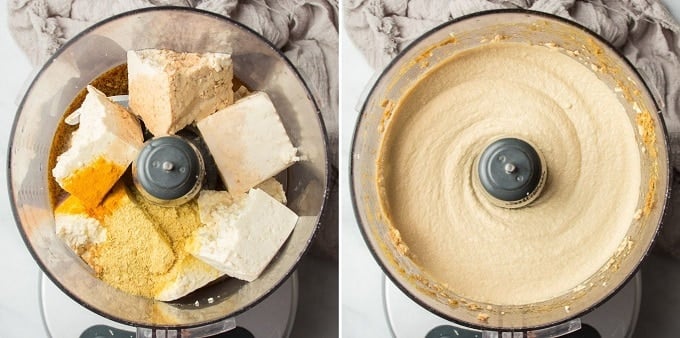 Side By Side Images Showing Two Steps for Assembling Vegan Quiche: Mix Batter and Veggies, and Transfer To Pie Crust