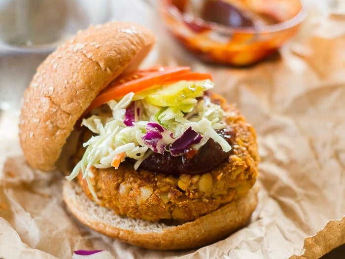 Barbecue Chickpea Burger with The Top Half of the Bun Removed
