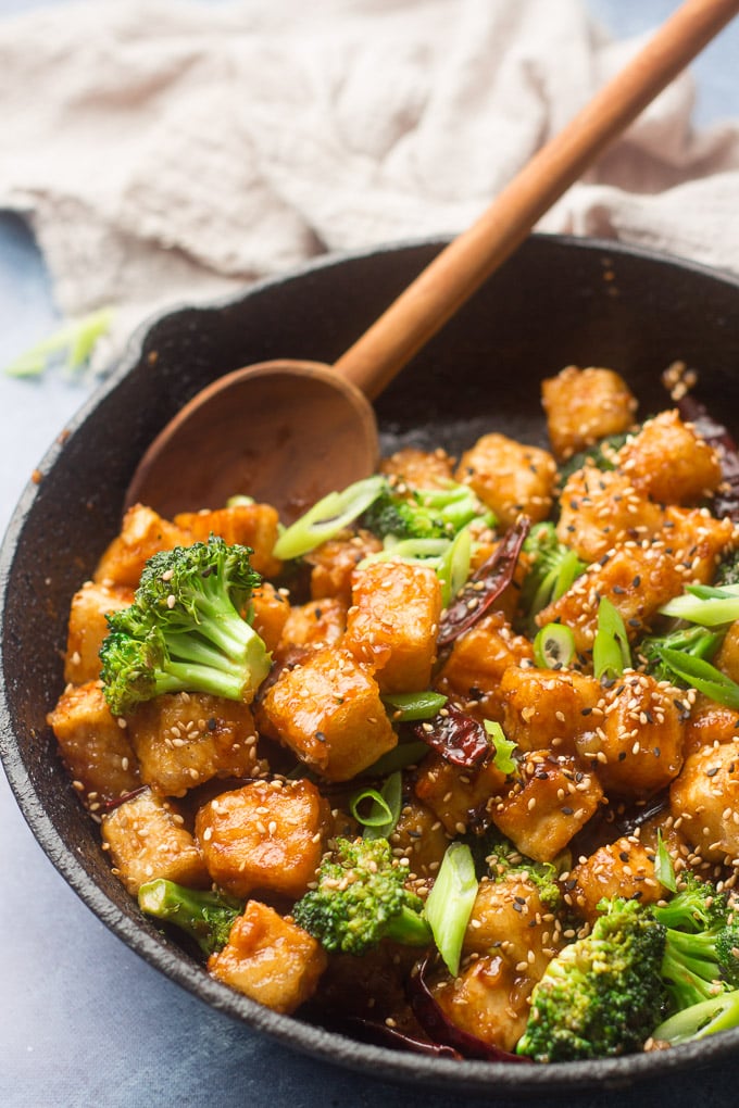 Close Up of General Tso's Tofu in a Skillet