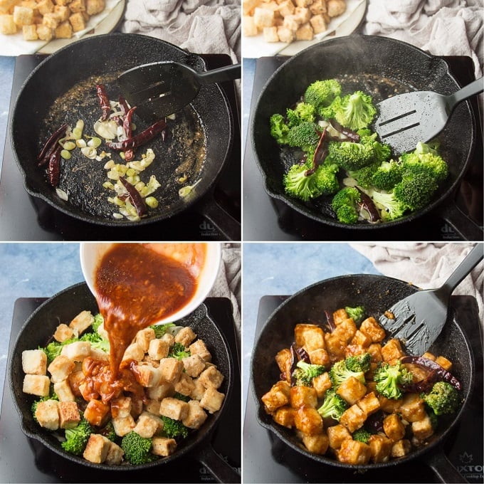Collage Showing How to Cook General Tso's Tofu: Stir-Fry Dried Chiles and Scallions, Add Broccoli, Add Tofu and Sauce, and Simmer Until Sauce Thickens