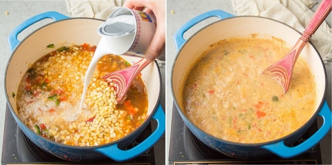 Collage Showing Steps 3 and 4 for Making Vegan Corn Chowder: Add Liquids and Simmer